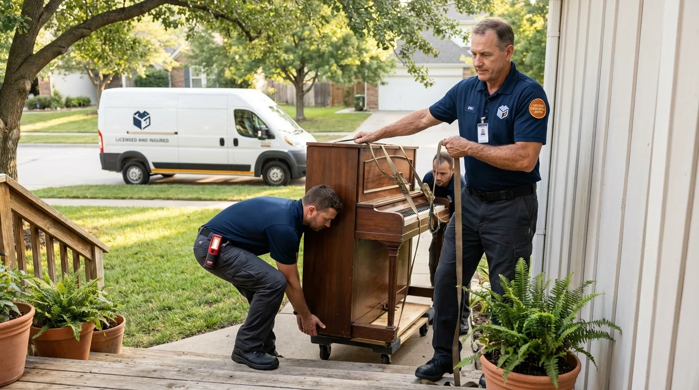Licensed piano movers securing grand piano in Quincy, FL