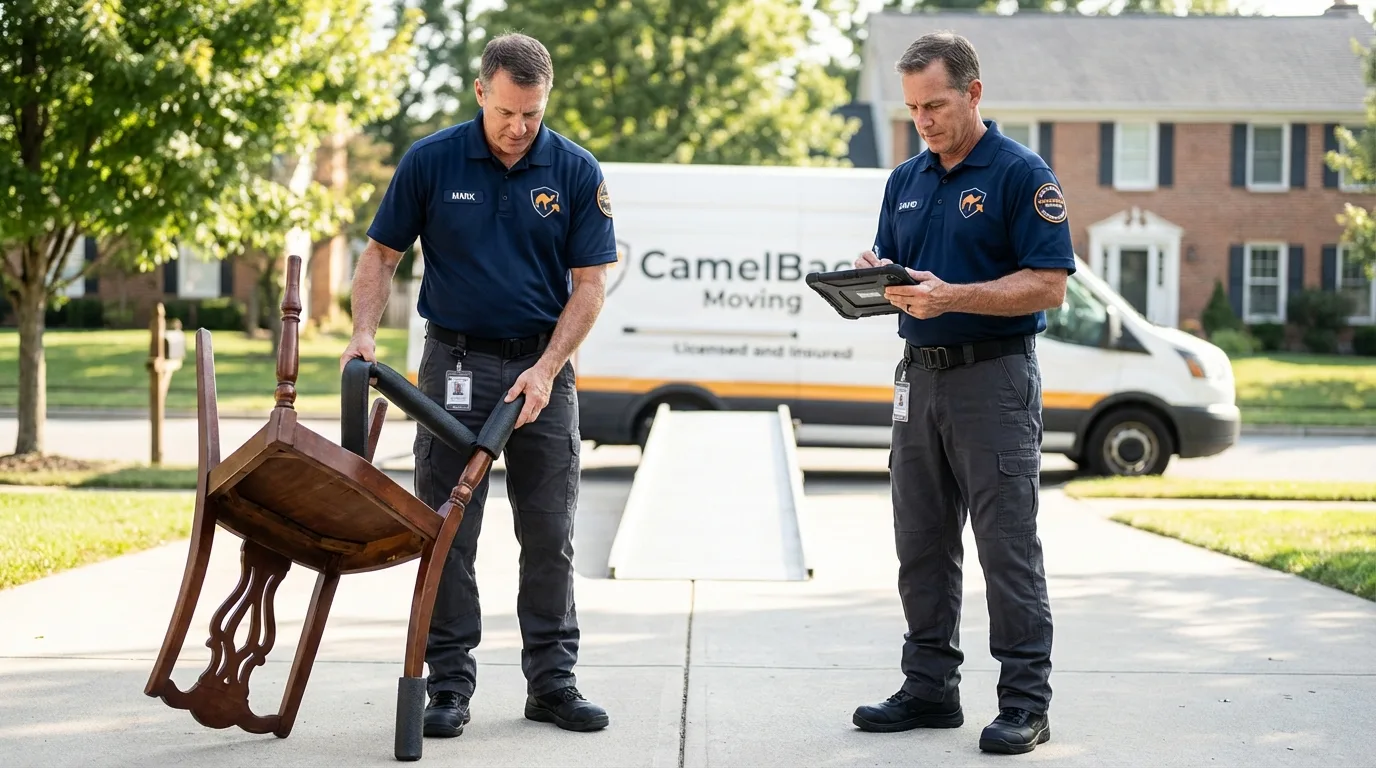 Movers inspecting furniture for damage prevention before loading in Quincy, FL