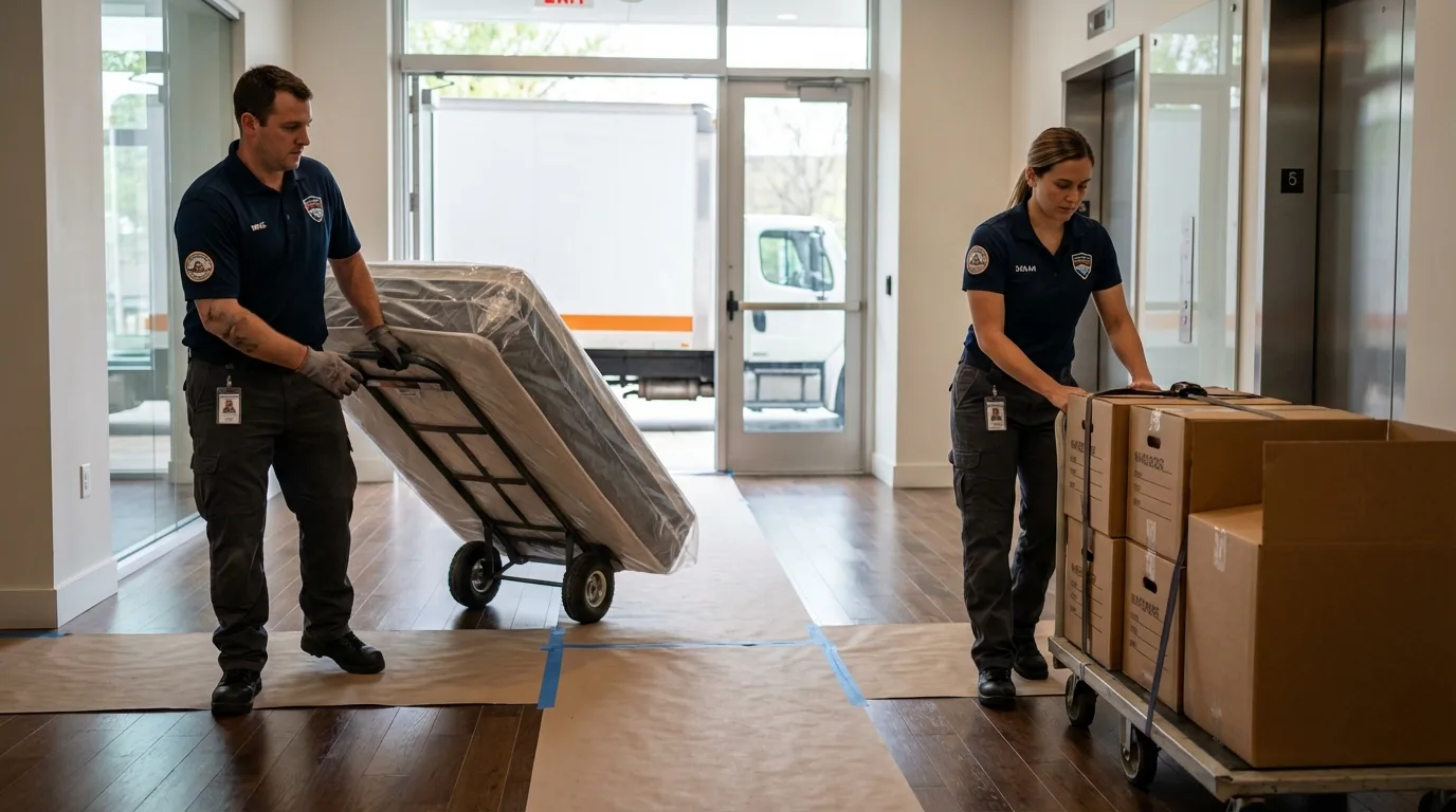 Professional apartment movers loading elevator in Quincy, FL